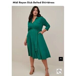 Torrid size 1 green turquoise teal Midi Rayon Slub Belted Shirt dress
